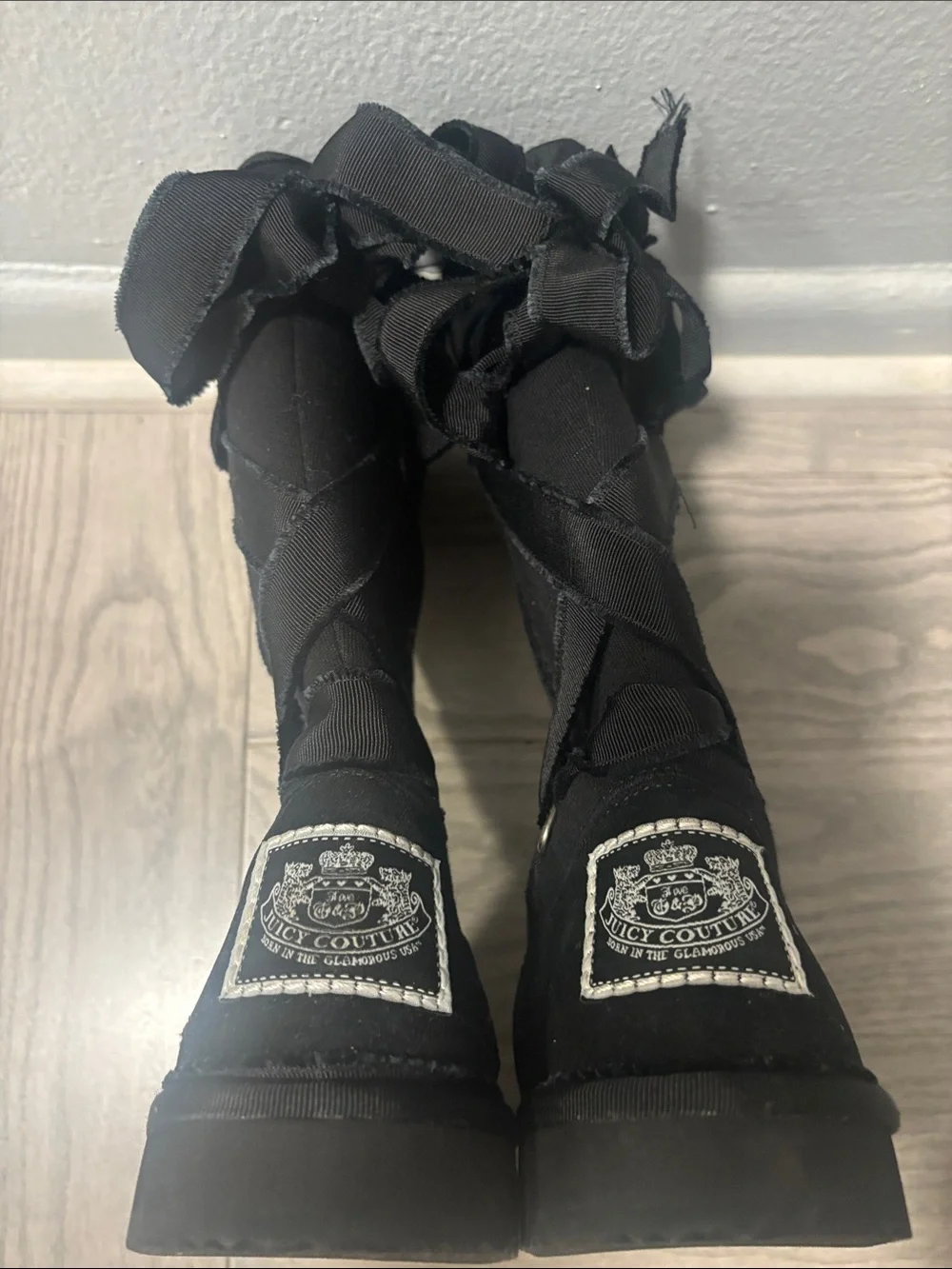 Kids Y2K Juicy Couture Black Jersey Knit Faux Suede Boots with White Embroidery
